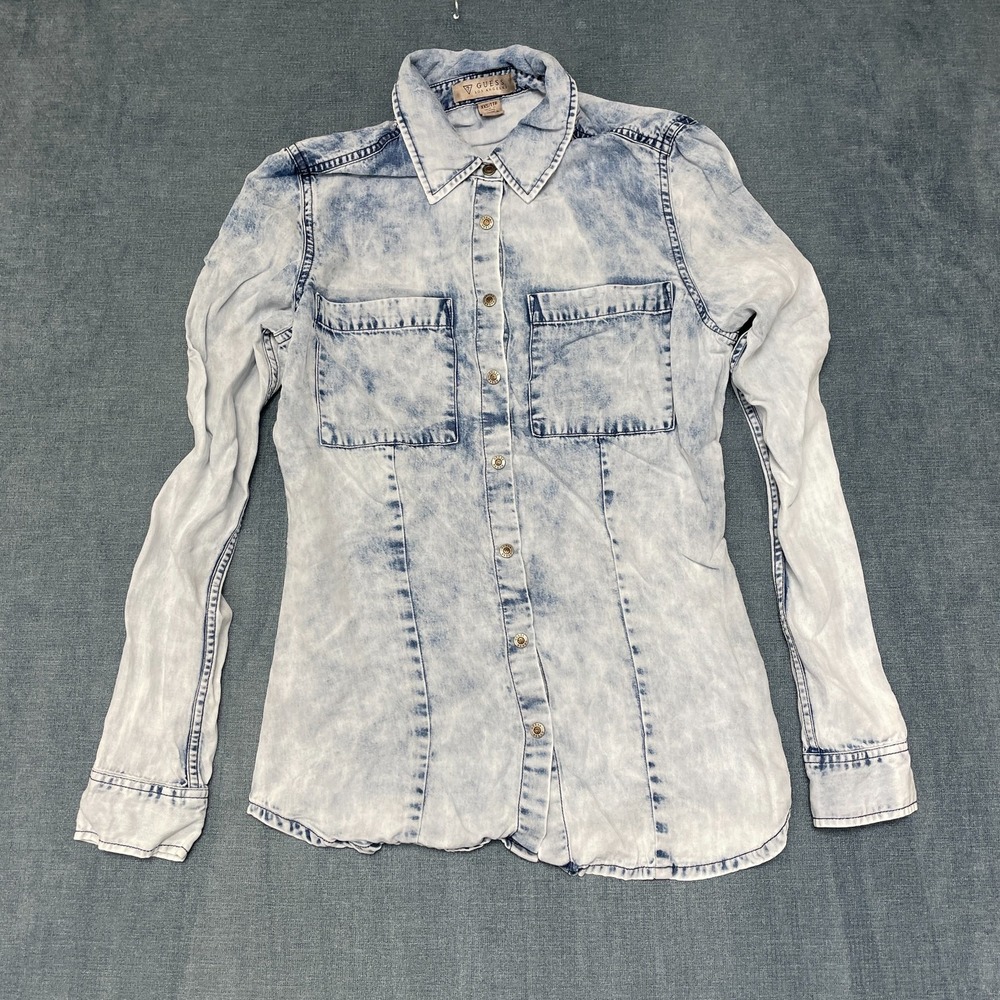 Guess Shirt Blouse Womens 2XS Blue Chambray Acid Wash Long Sleeve Snap Button